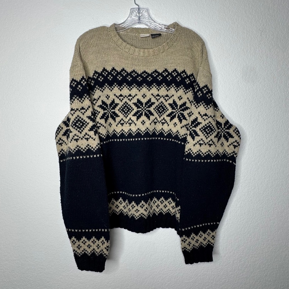 Arizona Jean Co Mens XL Fair Isle Snowflake Sweater Navy Tan Acrylic Made in USA